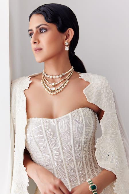 Shop_Mishru_Ivory Tulle, Organza Beads, Pearls Doris Coral Reef Embroidered Lehenga Set _Online_at_Aza_Fashions