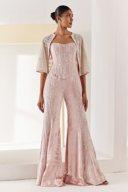 Mishru Pink Corset And Pant Velvet Embroidery Beads Belize Tonal Short Cape Set Online at Aza Fashions Mishru_Pink Corset And Pant Velvet Embroidery Beads Belize Tonal Short Cape Set _Online_at_Aza_Fashions