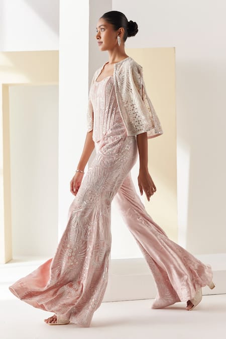Buy Mishru Pink Corset And Pant Velvet Embroidery Beads Belize Tonal Short Cape Set Online at Aza Fashions Buy_Mishru_Pink Corset And Pant Velvet Embroidery Beads Belize Tonal Short Cape Set _Online_at_Aza_Fashions