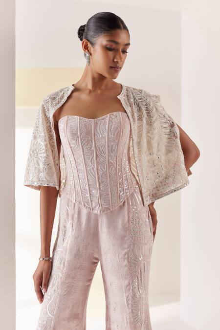 Shop Mishru Pink Corset And Pant Velvet Embroidery Beads Belize Tonal Short Cape Set Online at Aza Fashions Shop_Mishru_Pink Corset And Pant Velvet Embroidery Beads Belize Tonal Short Cape Set _Online_at_Aza_Fashions