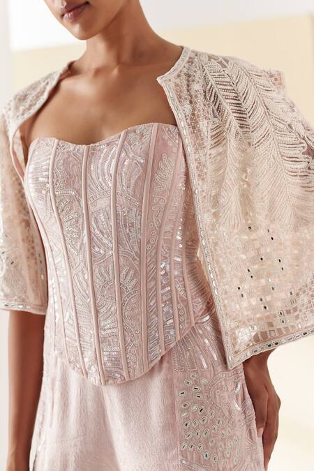 Mishru Pink Corset And Pant Velvet Embroidery Beads Belize Tonal Short Cape Set at Aza Fashions Mishru_Pink Corset And Pant Velvet Embroidery Beads Belize Tonal Short Cape Set _at_Aza_Fashions