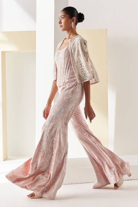 Mishru_Pink Corset And Pant Velvet Embroidery Beads Sweetheart Neck Belize Tonal With _Online_at_Aza_Fashions