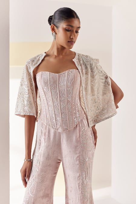 Buy_Mishru_Pink Corset And Pant Velvet Embroidery Beads Sweetheart Neck Belize Tonal With _Online_at_Aza_Fashions