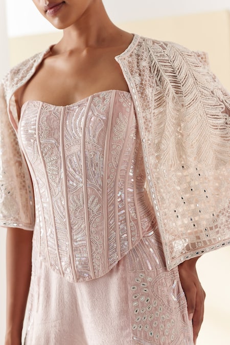 Shop_Mishru_Pink Corset And Pant Velvet Embroidery Beads Sweetheart Neck Belize Tonal With _Online_at_Aza_Fashions