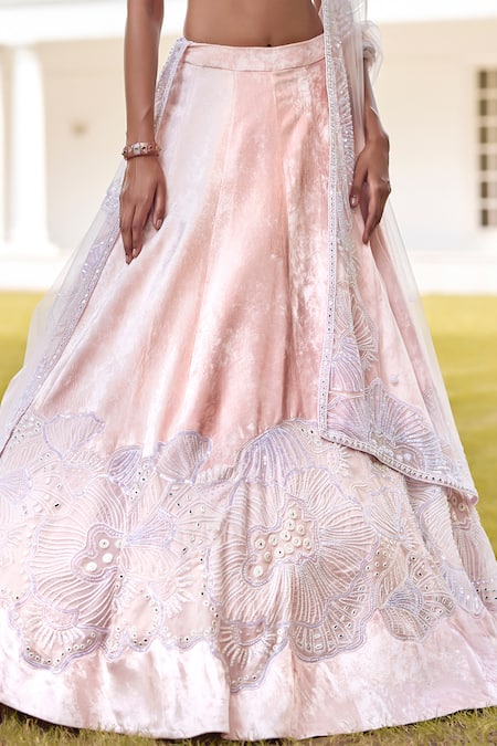 Buy Mishru Pink Lehenga And Blouse Velvet Embroidery Beads Round Neck Malley Bridal Set Online at Aza Fashions Buy_Mishru_Pink Lehenga And Blouse Velvet Embroidery Beads Round Neck Malley Bridal Set _Online_at_Aza_Fashions