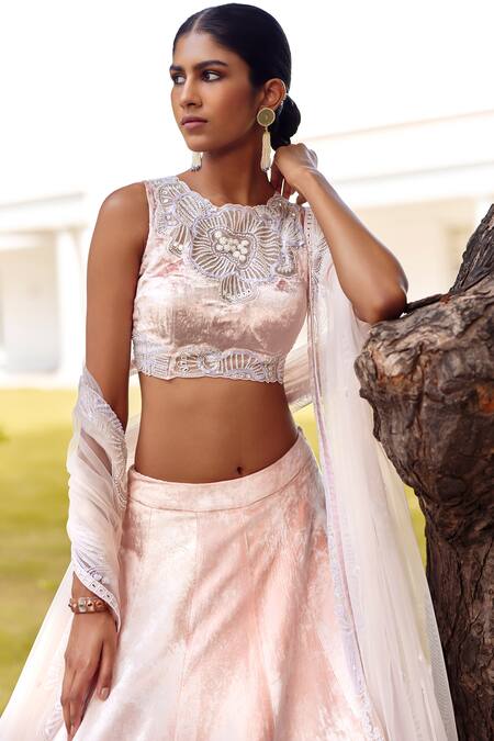 Shop Mishru Pink Lehenga And Blouse Velvet Embroidery Beads Round Neck Malley Bridal Set Online at Aza Fashions Shop_Mishru_Pink Lehenga And Blouse Velvet Embroidery Beads Round Neck Malley Bridal Set _Online_at_Aza_Fashions