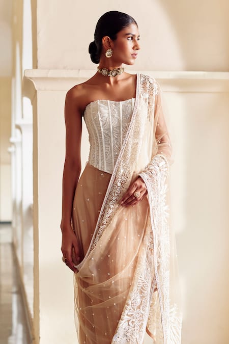 Mishru_Beige Soft Tulle Embroidery Beads Sweetheart Neck Seira Saree Corset Set _Online_at_Aza_Fashions