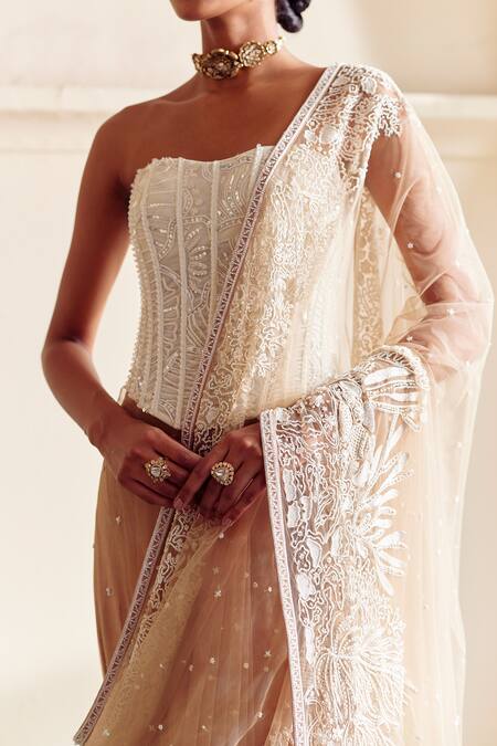 Buy_Mishru_Beige Soft Tulle Embroidery Beads Sweetheart Neck Seira Saree Corset Set _Online_at_Aza_Fashions