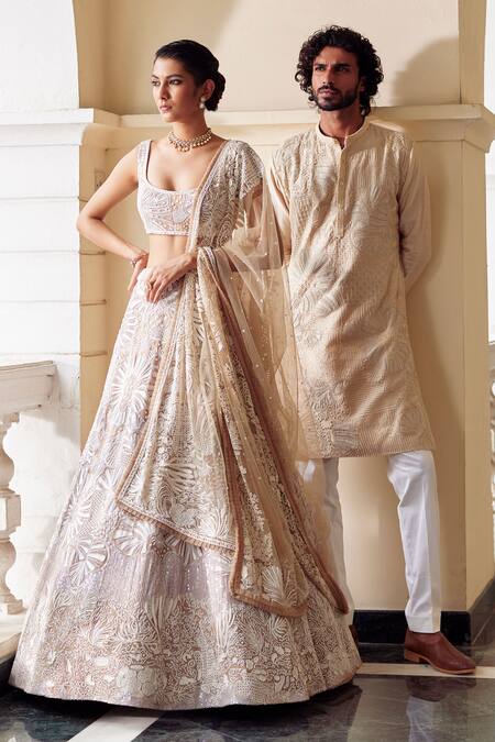 Mishru_Beige Lehenga Organza Blouse And Dupatta Soft Cala Coral Reef Bridal Set _Online_at_Aza_Fashions