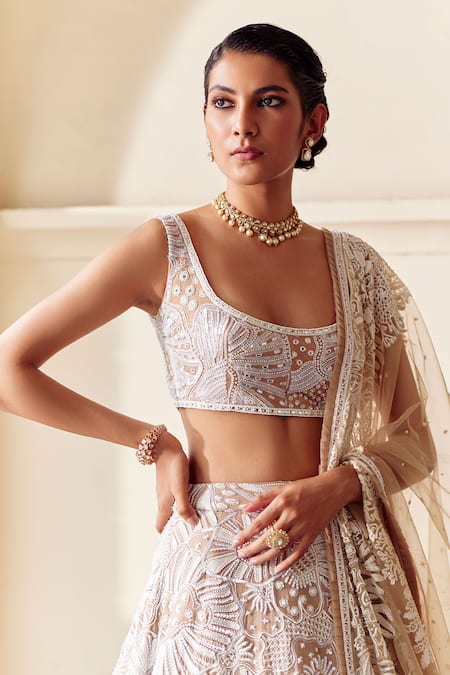 Buy_Mishru_Beige Lehenga Organza Blouse And Dupatta Soft Cala Coral Reef Bridal Set _Online_at_Aza_Fashions