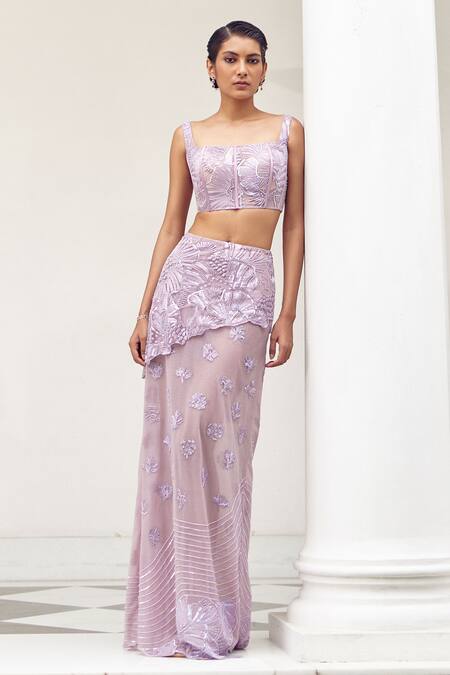 Mishru Purple Tulle Embroidery Beads Square Neck Kaito Sequin Blouse With Skirt Online at Aza Fashions Mishru_Purple Tulle Embroidery Beads Square Neck Kaito Sequin Blouse With Skirt _Online_at_Aza_Fashions
