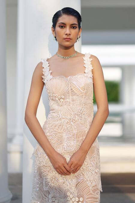 Buy_Mishru_Pink Tulle Embroidery Sequins Square Neck Zaley Coral Reef Gown _Online_at_Aza_Fashions