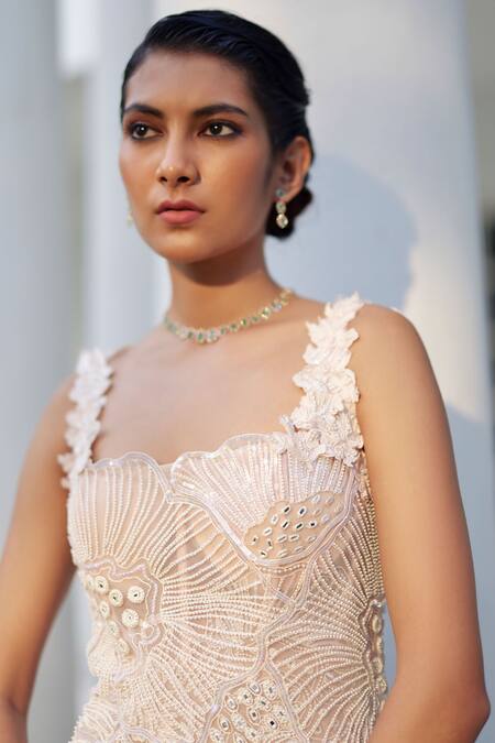 Shop_Mishru_Pink Tulle Embroidery Sequins Square Neck Zaley Coral Reef Gown _Online_at_Aza_Fashions