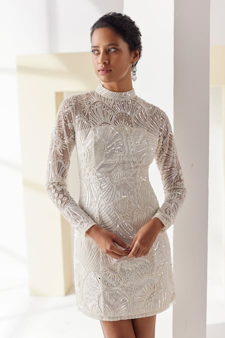 Shop_Mishru_Ivory Dress Tulle Embroidery Sequins High Neck Haley Coral Reef _Online_at_Aza_Fashions