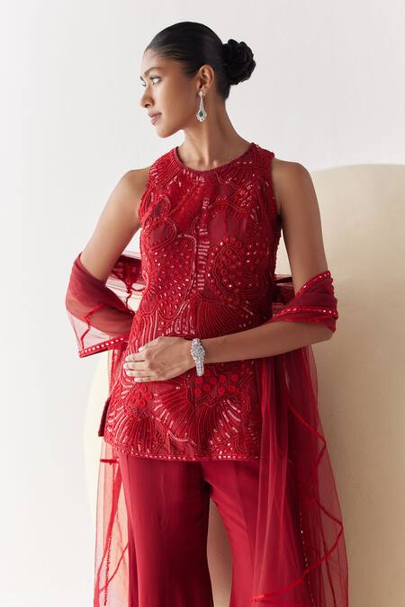 Mishru_Red Kurta And Dupatta Soft Tulle Embroidery Sequins Blaire Coral Reef Pant Set _Online_at_Aza_Fashions