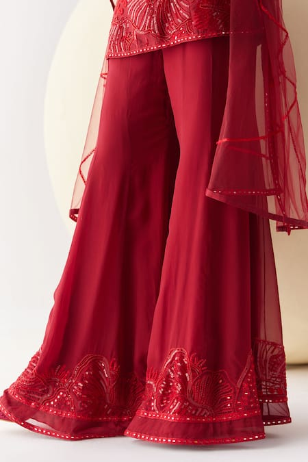 Shop_Mishru_Red Kurta And Dupatta Soft Tulle Embroidery Sequins Blaire Coral Reef Pant Set _Online_at_Aza_Fashions