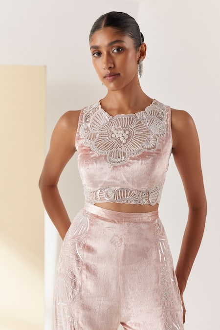 Shop_Mishru_Pink Velvet Embroidery Sequins Round Neck Mirin Top With Pant _Online_at_Aza_Fashions