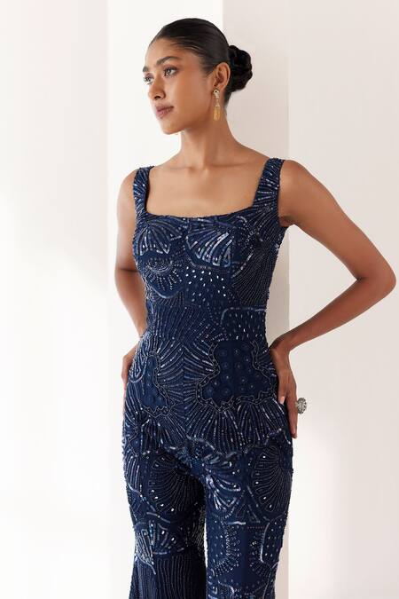 Mishru_Blue Tulle Embroidery Sequins Square Neck Lori Jumpsuit _Online_at_Aza_Fashions