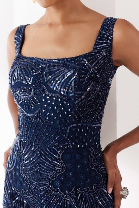 Buy_Mishru_Blue Tulle Embroidery Sequins Square Neck Lori Jumpsuit _Online_at_Aza_Fashions