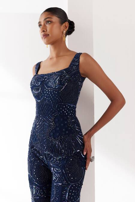 Shop_Mishru_Blue Tulle Embroidery Sequins Square Neck Lori Jumpsuit _Online_at_Aza_Fashions