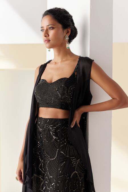 Mishru Black Tulle, Organza Sequins, Beads, Ursula Cape Embroidered Kalidar Pant Set Online at Aza Fashions Mishru_Black Tulle, Organza Sequins, Beads, Ursula Cape Embroidered Kalidar Pant Set _Online_at_Aza_Fashions