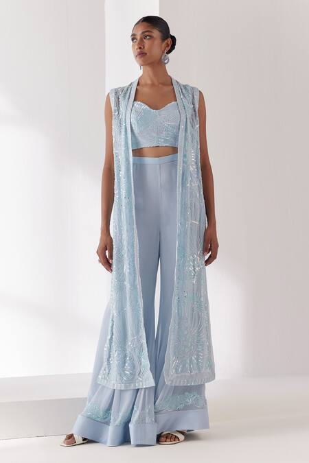 Mishru Blue Organza, Tulle, Georgette Sequins, Beads, Ezili Jacket Pant Set Online at Aza Fashions Mishru_Blue Organza, Tulle, Georgette Sequins, Beads, Ezili Jacket Pant Set _Online_at_Aza_Fashions