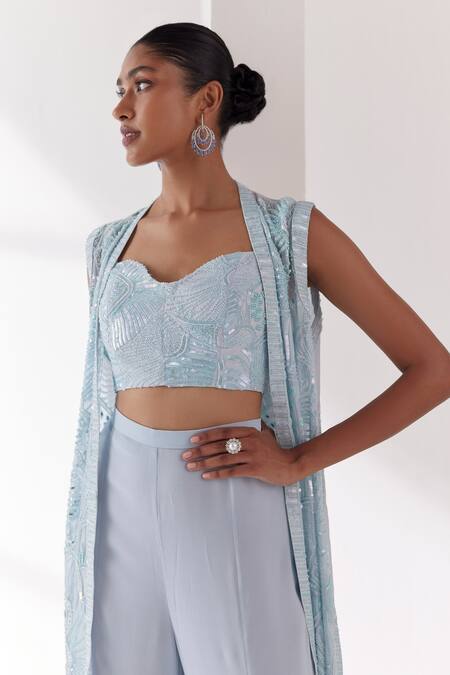 Shop Mishru Blue Organza, Tulle, Georgette Sequins, Beads, Ezili Jacket Pant Set Online at Aza Fashions Shop_Mishru_Blue Organza, Tulle, Georgette Sequins, Beads, Ezili Jacket Pant Set _Online_at_Aza_Fashions