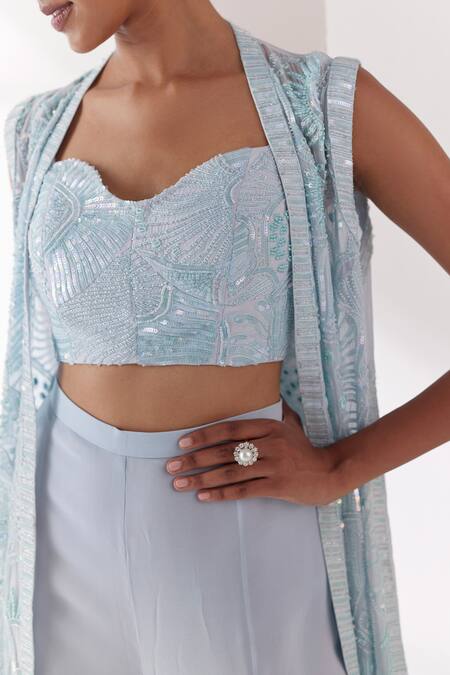 Mishru Blue Organza, Tulle, Georgette Sequins, Beads, Ezili Jacket Pant Set at Aza Fashions Mishru_Blue Organza, Tulle, Georgette Sequins, Beads, Ezili Jacket Pant Set _at_Aza_Fashions