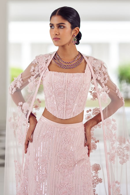 Mishru_Pink Tulle Pearls, Sequins, Beads Square Attina Embroidered Mermaid Lehenga Set _Online_at_Aza_Fashions