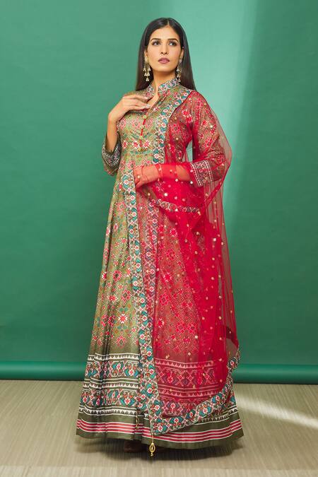 Shop_Naintara Bajaj_Green Patola Print Anarkali With Sheer Dupatta _Online_at_Aza_Fashions