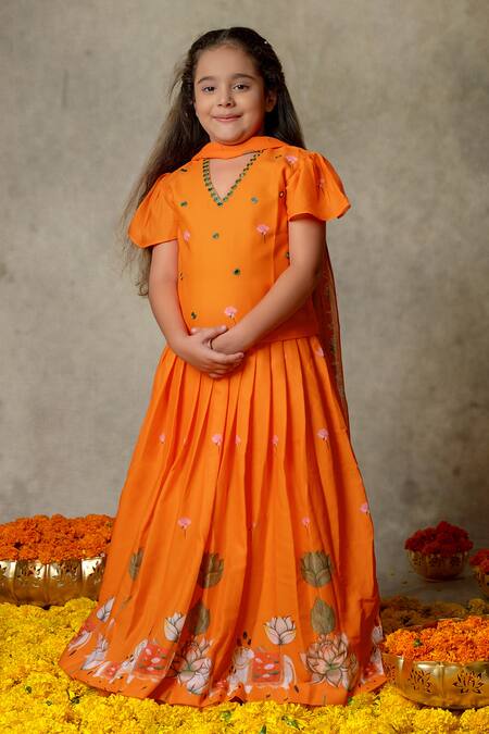 Shop_Vivedkids_Orange Linen, Crepe, Chiffon Embroidery, Mirrors, Tassels Rose Print Lehenga Set _at_Aza_Fashions