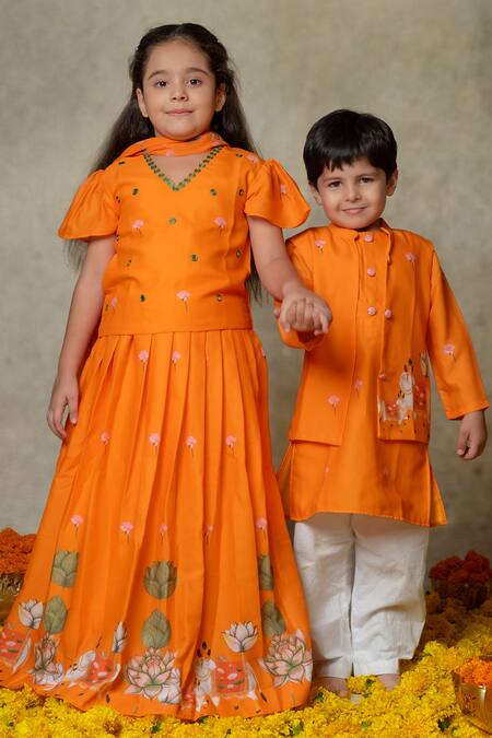 Vivedkids_Orange Linen, Crepe, Chiffon Embroidery, Mirrors, Tassels Rose Print Lehenga Set _Online_at_Aza_Fashions