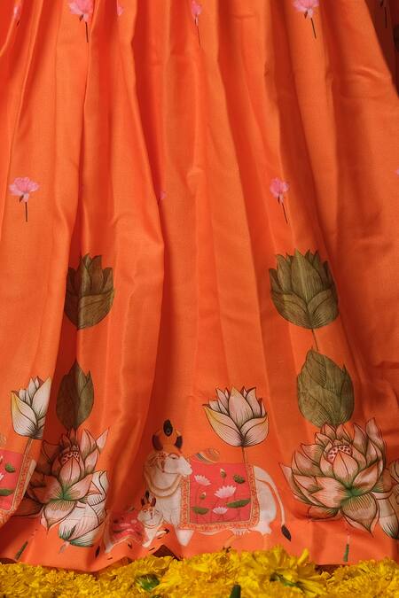 Buy_Vivedkids_Orange Linen, Crepe, Chiffon Embroidery, Mirrors, Tassels Rose Print Lehenga Set _Online_at_Aza_Fashions