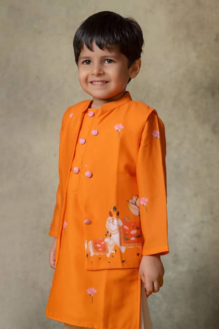 Vivedkids Pichwai Cow Print Bundi Kurta Set 