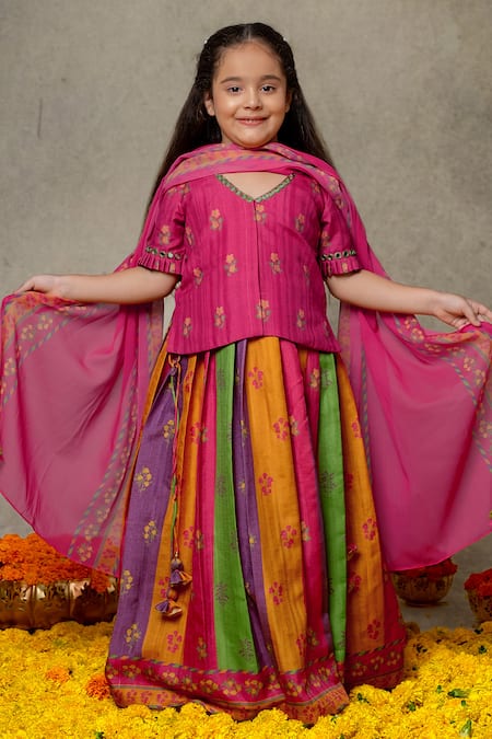 Vivedkids Color Block Floral Print Lehenga Set 