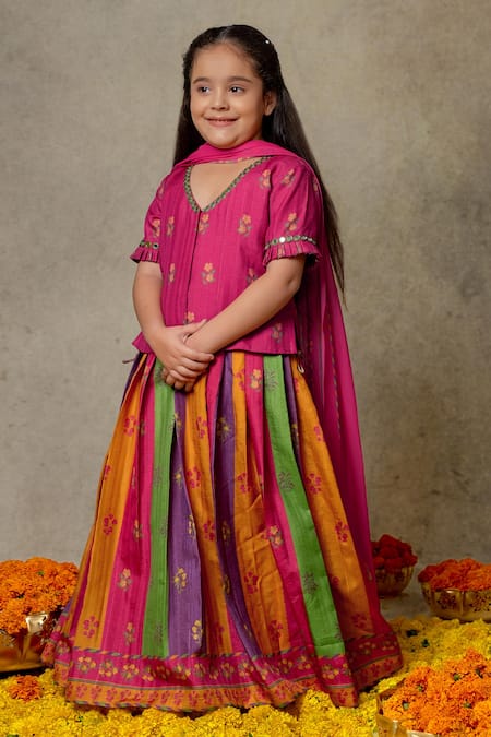 Vivedkids Multi Color Silk Embroidery, Tassels Block Floral Print Lehenga Set Online at Aza Fashions Vivedkids_Multi Color Silk Embroidery, Tassels Block Floral Print Lehenga Set _Online_at_Aza_Fashions