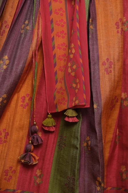 Shop_Vivedkids_Multi Color Silk Embroidery, Tassels Block Floral Print Lehenga Set _Online_at_Aza_Fashions
