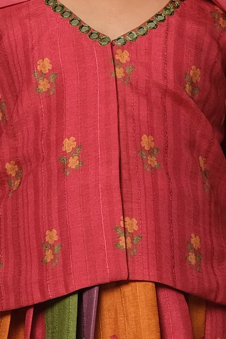 Vivedkids_Multi Color Silk Embroidery, Tassels Block Floral Print Lehenga Set _at_Aza_Fashions