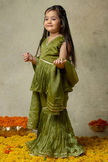 Shop_Vivedkids_Green Tissue Zari Peplum Kurta Sharara Set _at_Aza_Fashions