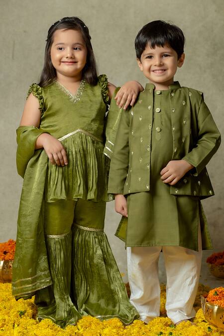 Vivedkids_Green Tissue Zari Peplum Kurta Sharara Set _Online_at_Aza_Fashions
