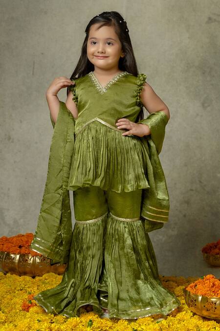 Buy_Vivedkids_Green Tissue Zari Peplum Kurta Sharara Set _Online_at_Aza_Fashions