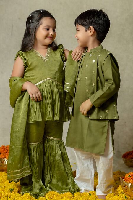 Shop_Vivedkids_Green Tissue Zari Peplum Kurta Sharara Set _Online_at_Aza_Fashions
