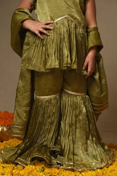 Vivedkids_Green Tissue Zari Peplum Kurta Sharara Set _at_Aza_Fashions