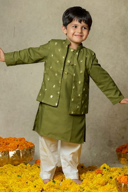 Shop_Vivedkids_Green Cotton Embroidery Olive Hand Bundi Kurta Set _at_Aza_Fashions