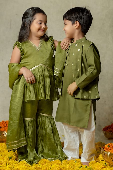 Vivedkids_Green Cotton Embroidery Olive Hand Bundi Kurta Set _Online_at_Aza_Fashions