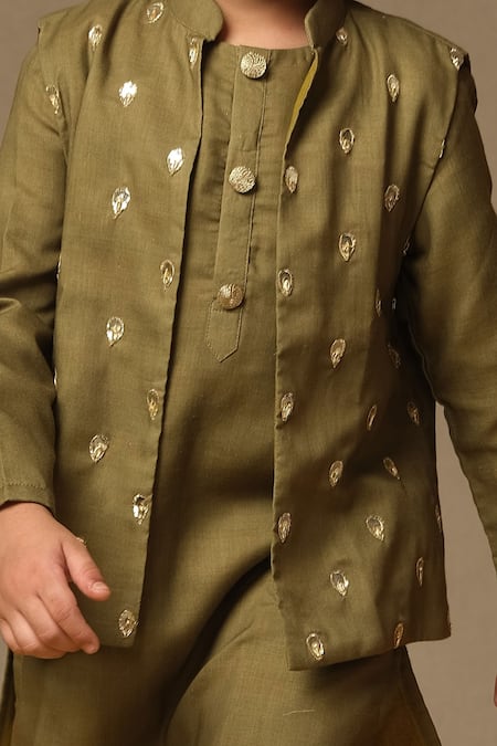 Buy_Vivedkids_Green Cotton Embroidery Olive Hand Bundi Kurta Set _Online_at_Aza_Fashions