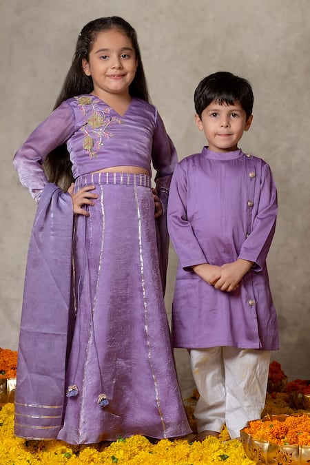 Shop Vivedkids Purple Silk, Tissue Embroidery, Gota Patti, Tassels Hand Lehenga Set at Aza Fashions Shop_Vivedkids_Purple Silk, Tissue Embroidery, Gota Patti, Tassels Hand Lehenga Set _at_Aza_Fashions