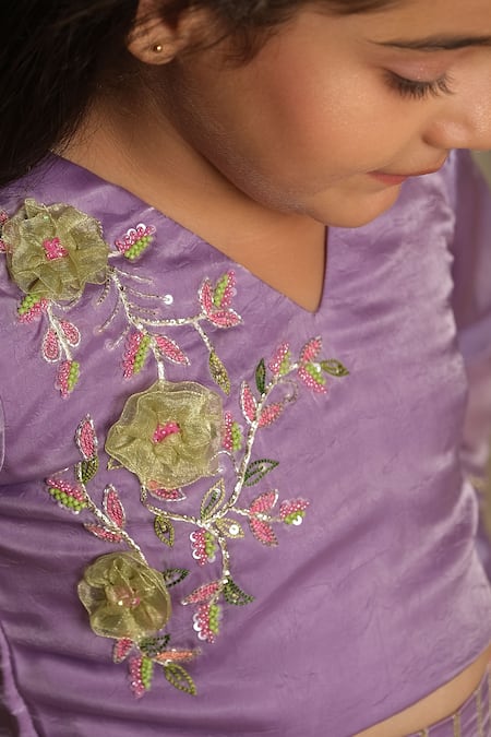 Shop_Vivedkids_Purple Silk, Tissue Embroidery, Gota Patti, Tassels Hand Lehenga Set _Online_at_Aza_Fashions