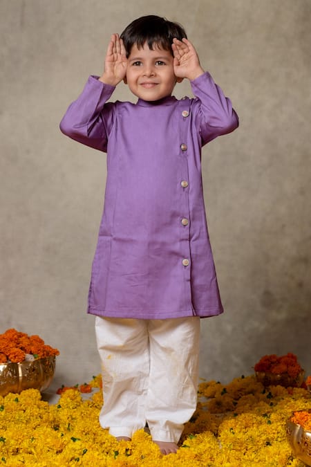 Shop_Vivedkids_Purple Cotton Embroidery Stand Collared Kurta With Pant _at_Aza_Fashions