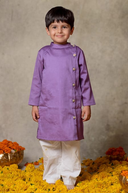 Vivedkids_Purple Cotton Embroidery Stand Collared Kurta With Pant _Online_at_Aza_Fashions
